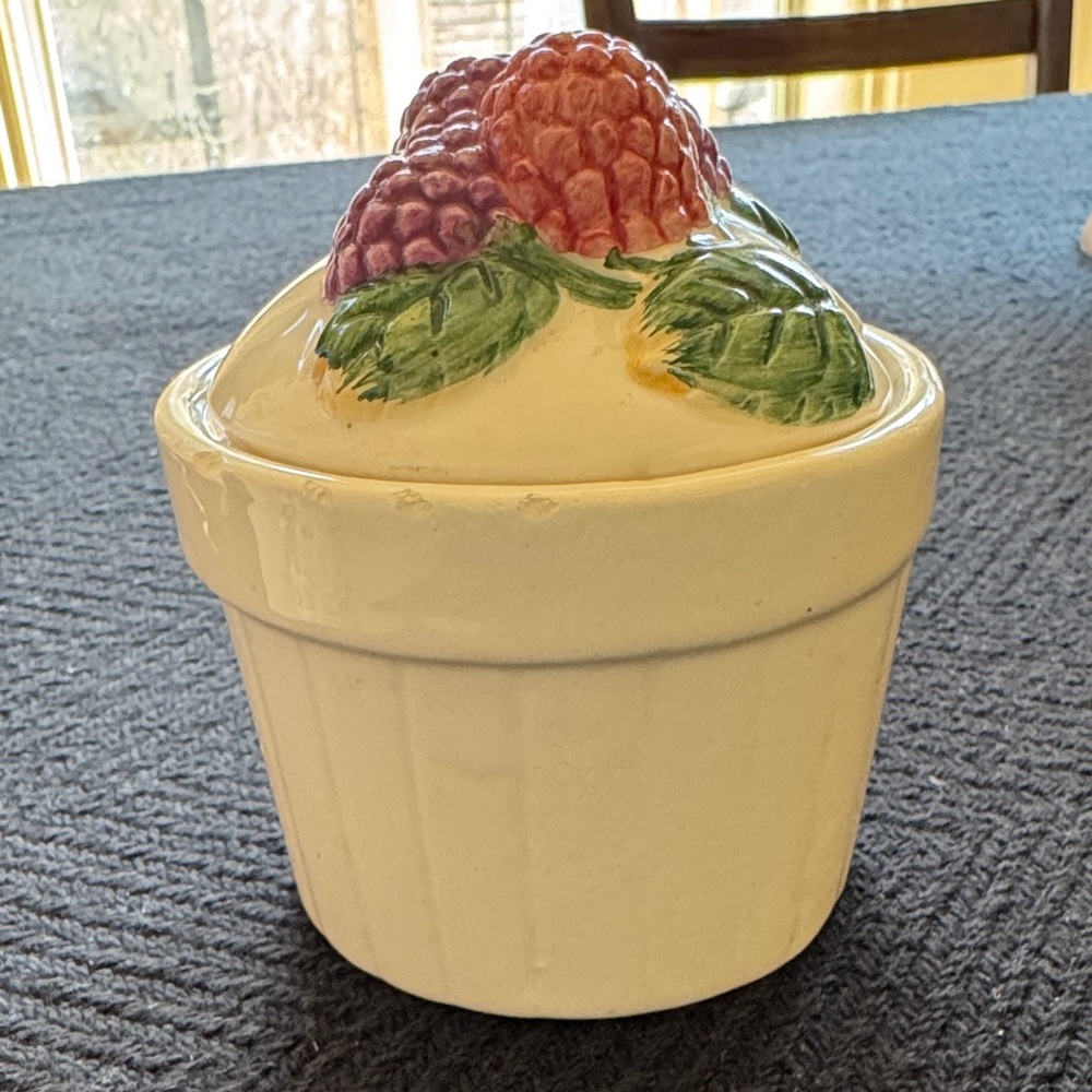Vintage Porcelain Lidded Jam Jar Embossed w/ Berries